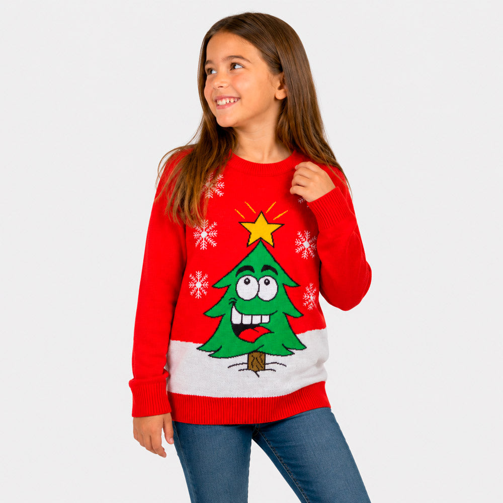 Jersey de Navidad Familia Árbol de Navidad Sonriente Rojo Niña
