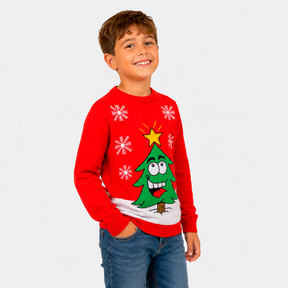 Jersey de Navidad Familia Árbol de Navidad Sonriente Rojo Niño
