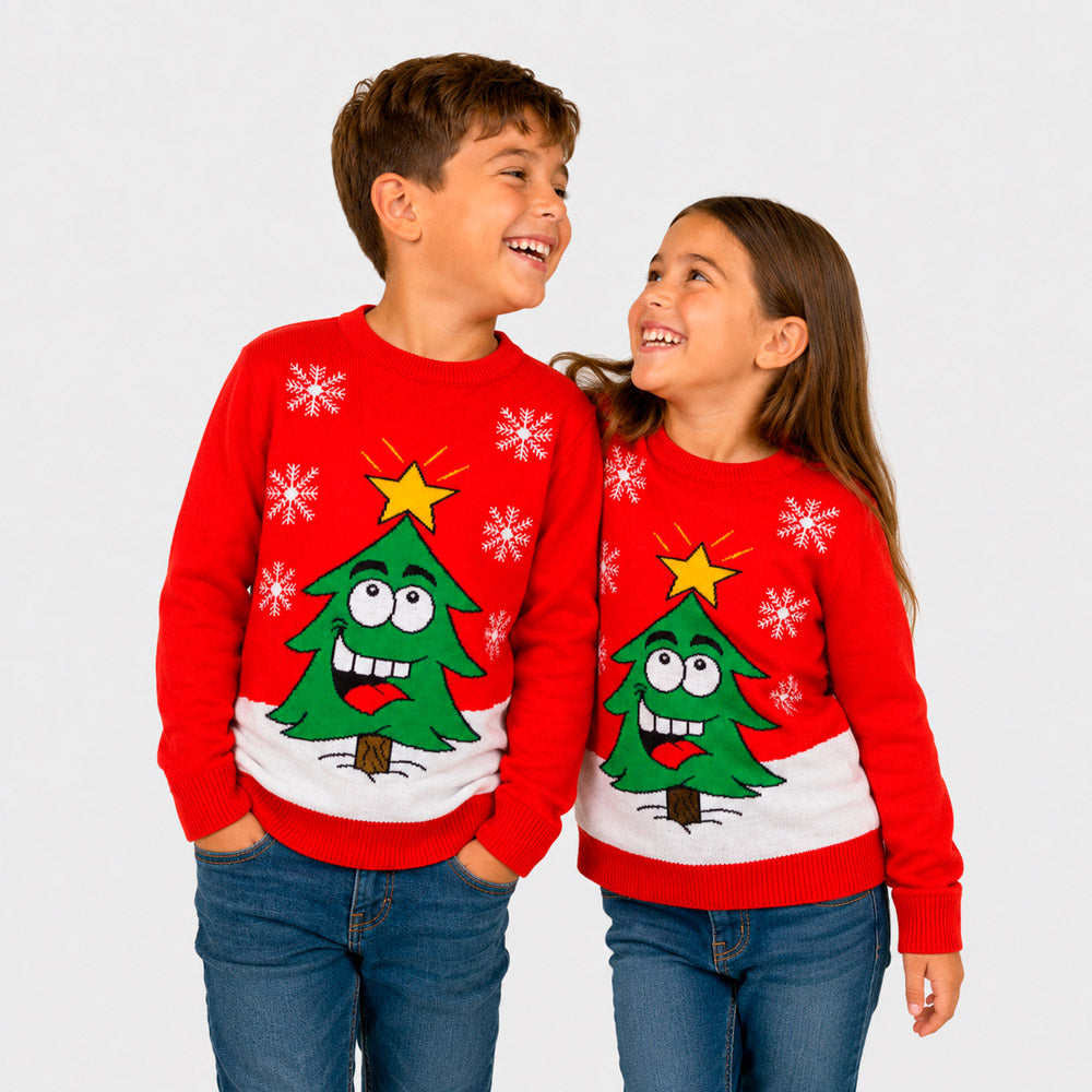 Jersey de Navidad Familia Árbol de Navidad Sonriente Rojo Niños
