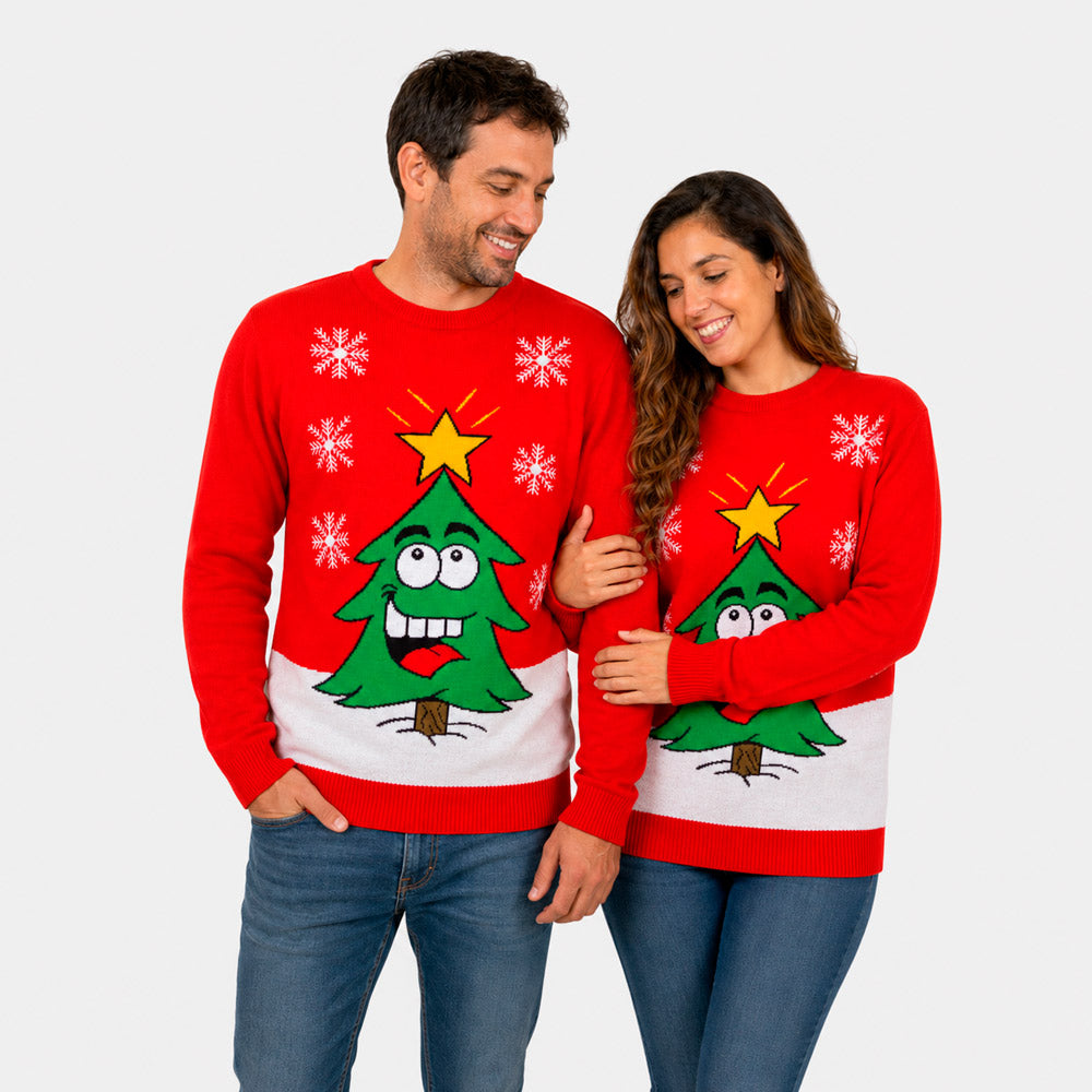 Jersey de Navidad Familia Árbol de Navidad Sonriente Rojo Pareja