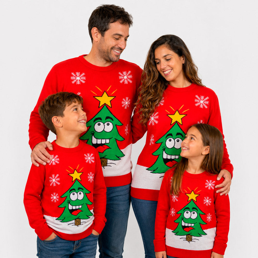 Jersey de Navidad Familia Árbol de Navidad Sonriente Rojo

