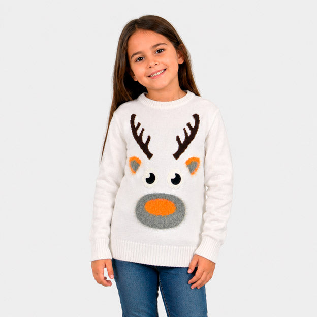 Jersey de Navidad para Familia Blanco con Reno 3D Algodón Niña
