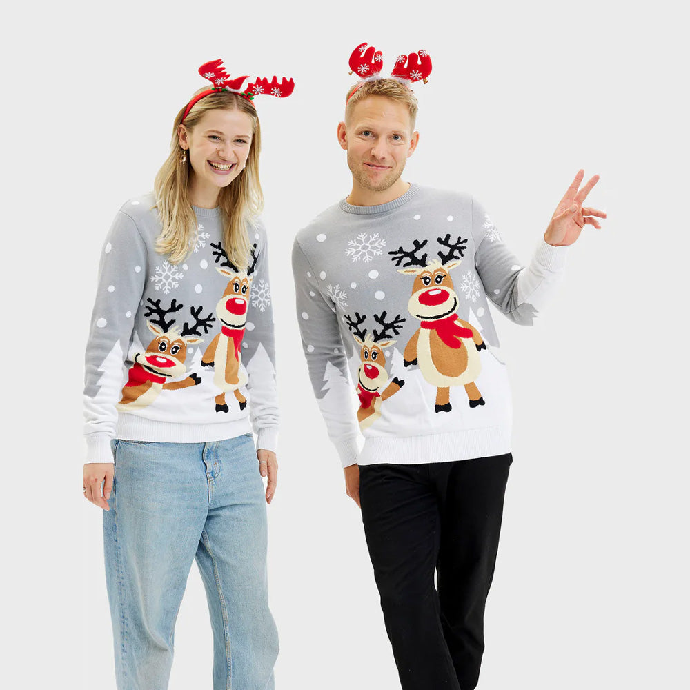 Jersey de Navidad Familia Gris con Renas Cute Mujer y Hombre
