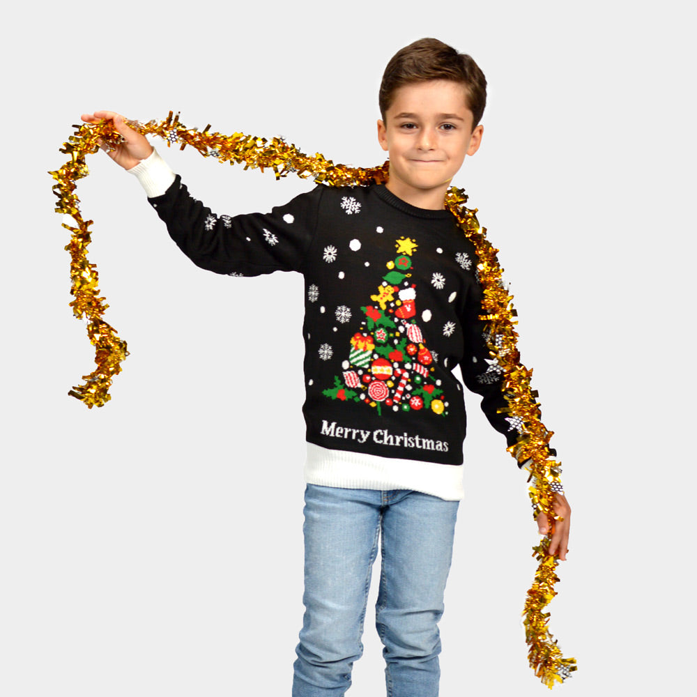 Jersey de Navidad para Familia Negro Niña y Niño Árbol de Navidad