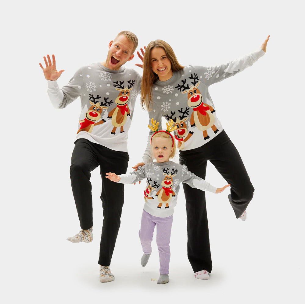 Jersey de Navidad Familia Niña y Niño Gris con Renas Cute

