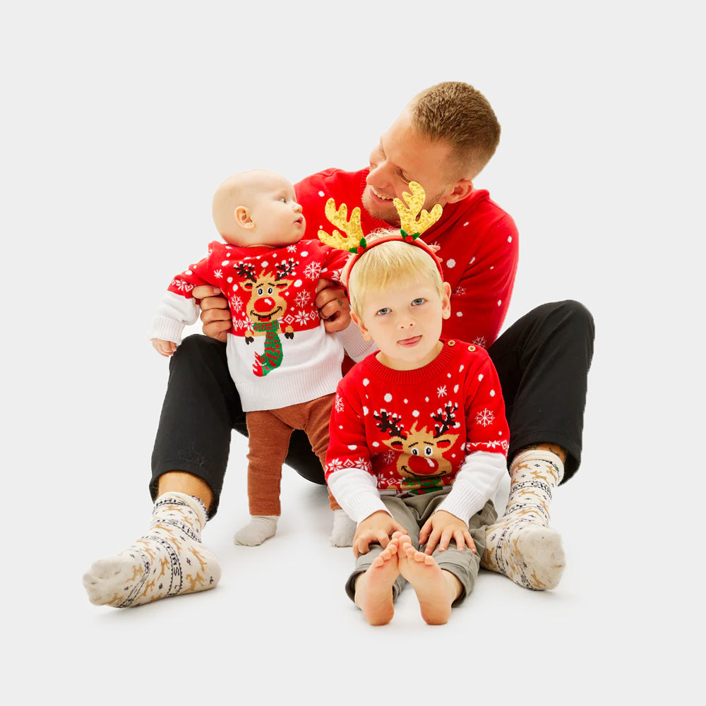 Jersey de Navidad Hombre Niña y Niño Reno con Bufanda