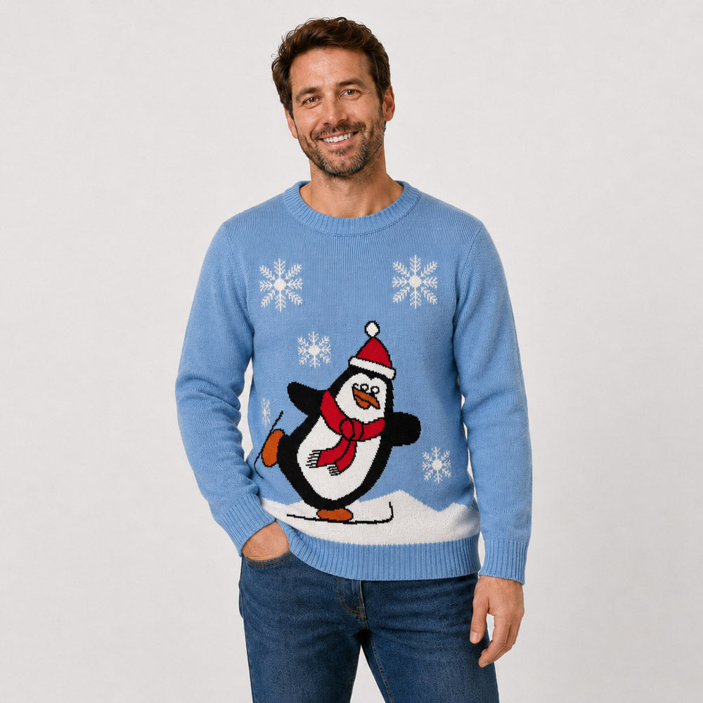 Jersey de Navidad Familia Pingüino Azul Claro Hombre
