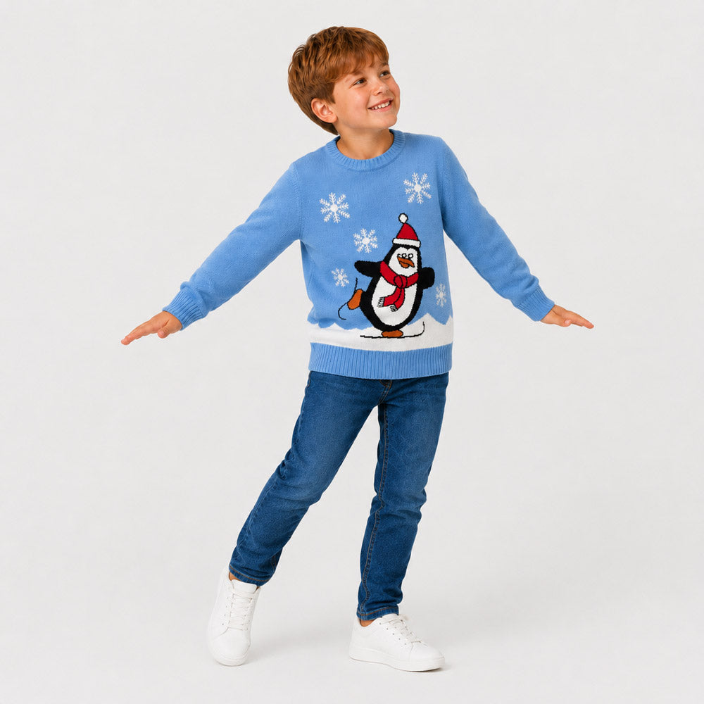 Jersey de Navidad Familia Pingüino Azul Claro Niño