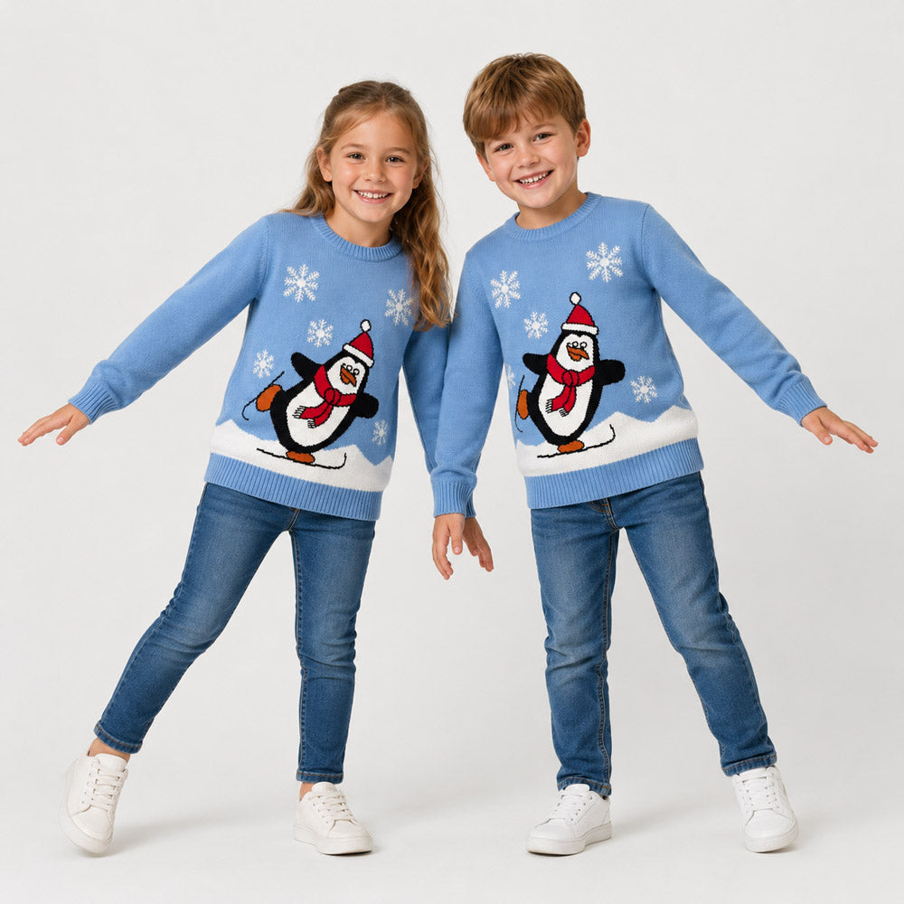 Jersey de Navidad Familia Pingüino Azul Claro Niños
