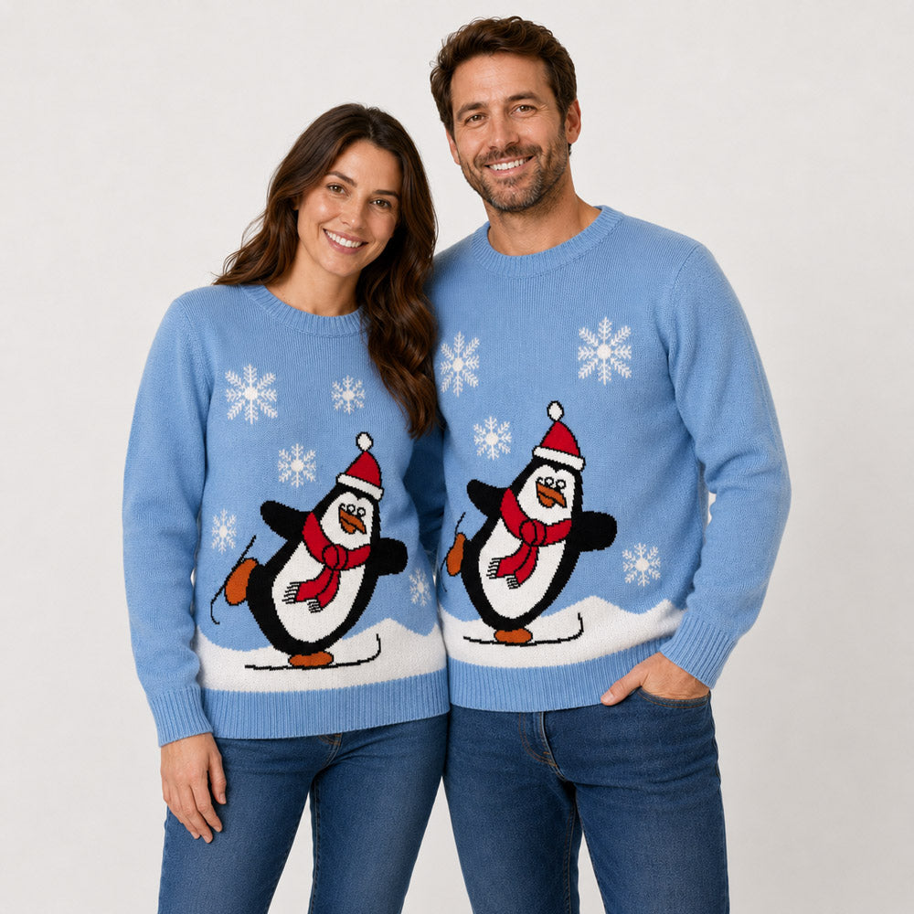 Jersey de Navidad Familia Pingüino Azul Claro Pareja

