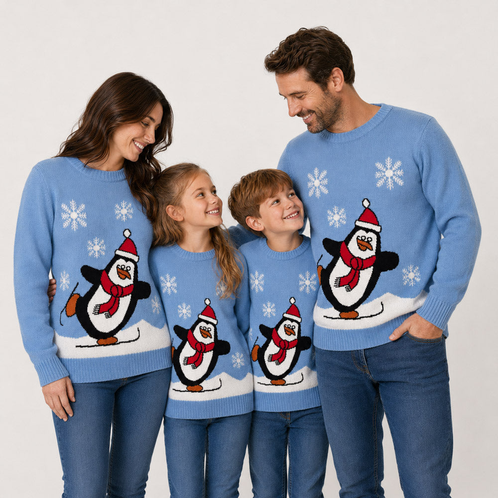 Jersey de Navidad Familia Pingüino Azul Claro
