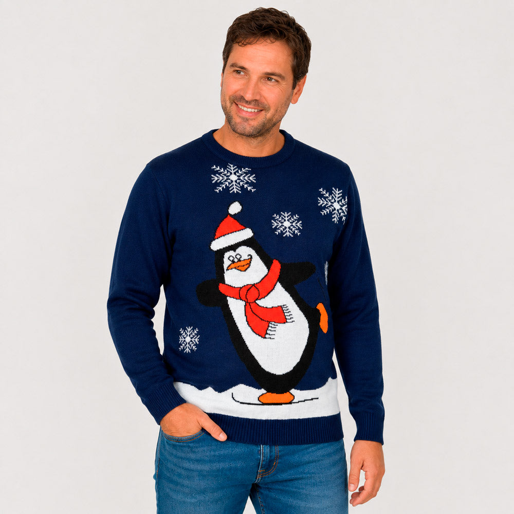 Jersey de Navidad Familia Pingüino Azul Marino Hombre
