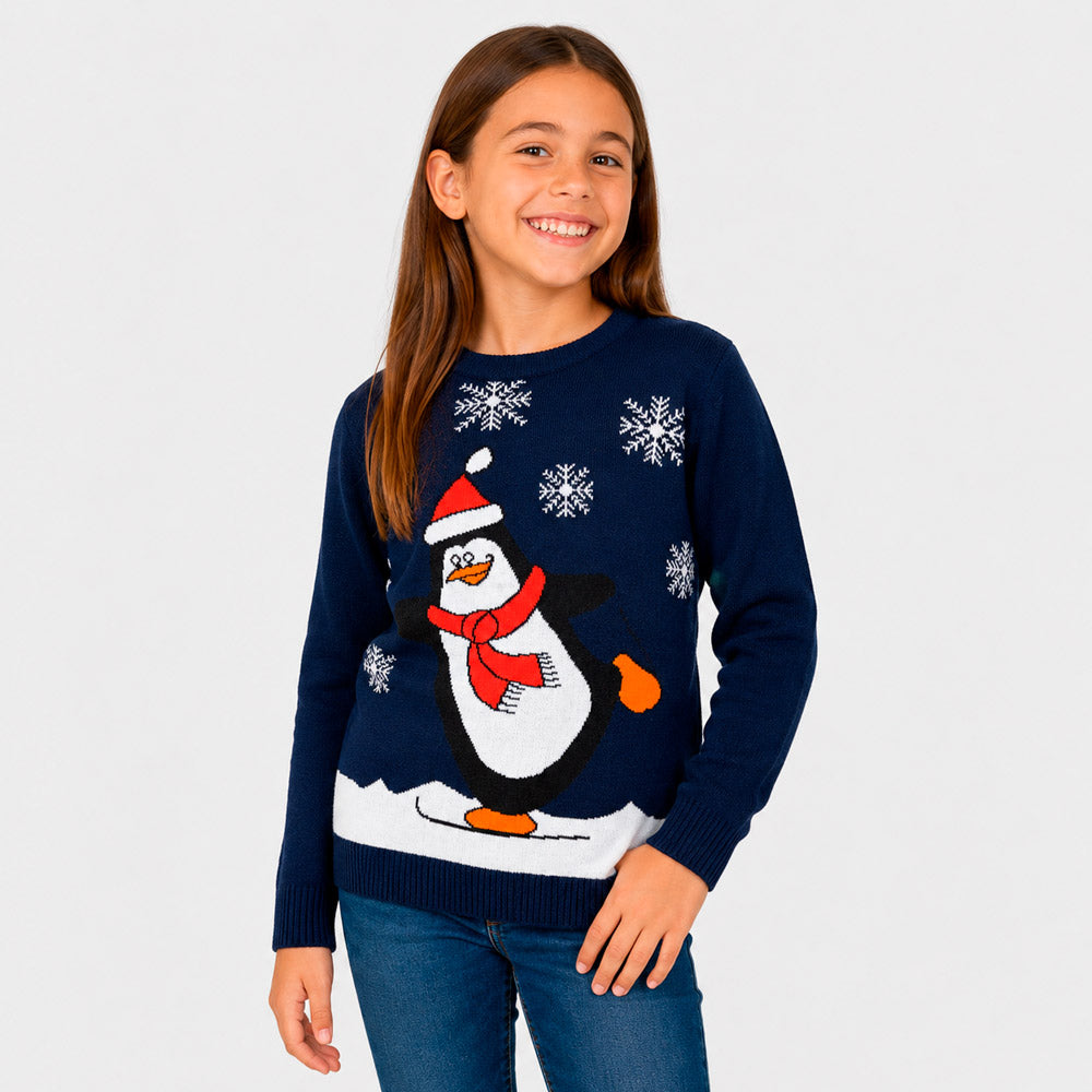 Jersey de Navidad Familia Pingüino Azul Marino Niña