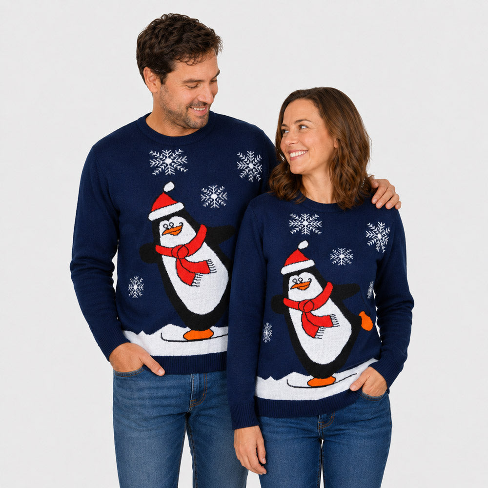 Jersey de Navidad Familia Pingüino Azul Marino pareja
