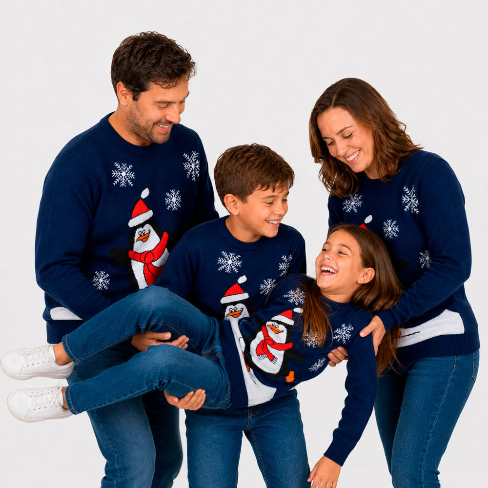 Jersey de Navidad Familia Pingüino Azul Marino
