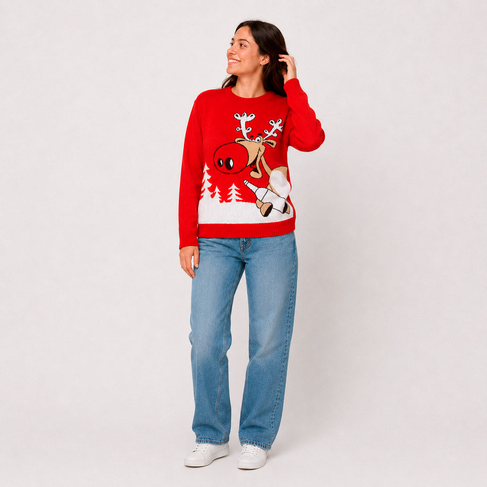 Jersey de Navidad Familia Reno con Cerveza Rojo Mujer