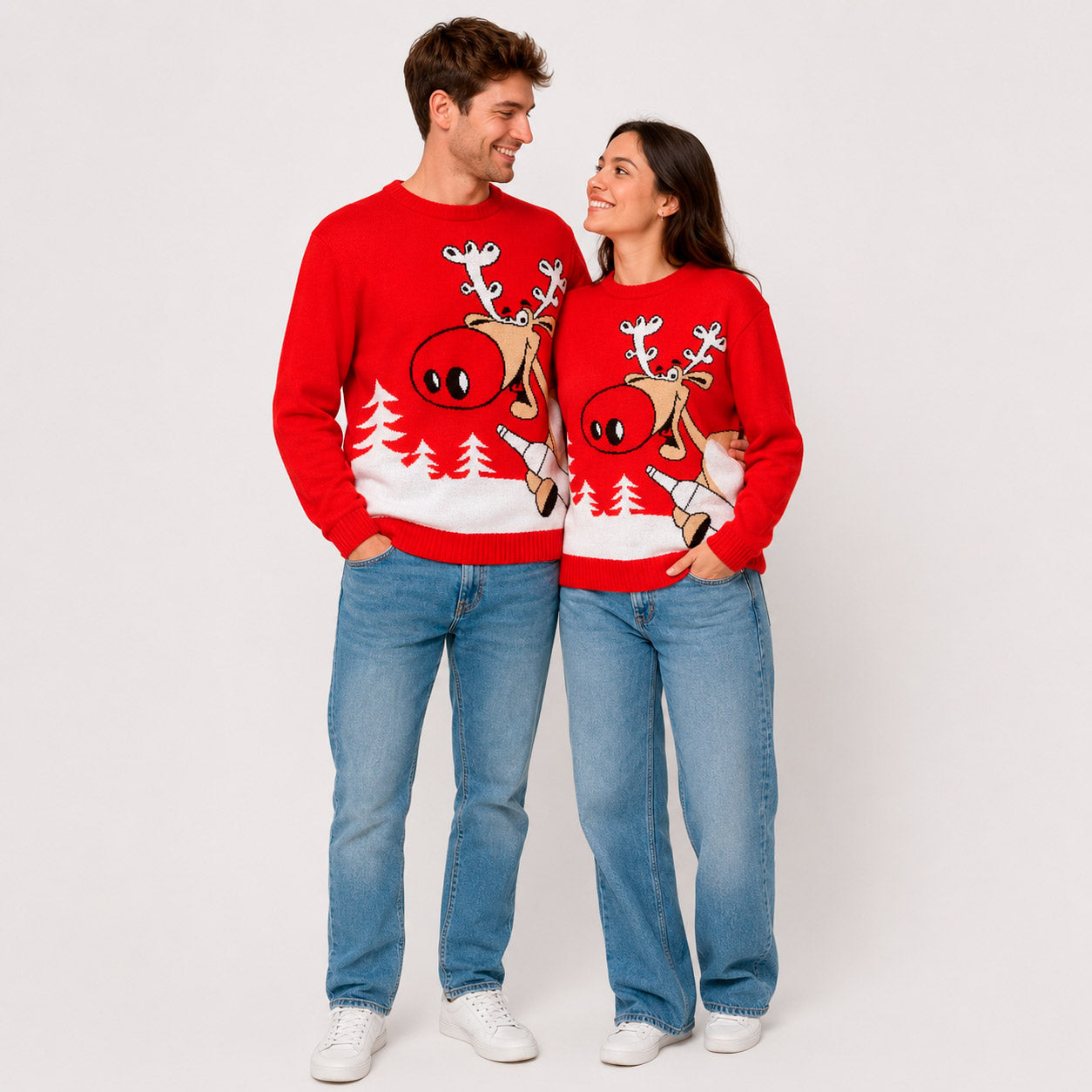 Jersey de Navidad Familia Reno con Cerveza Rojo Pareja