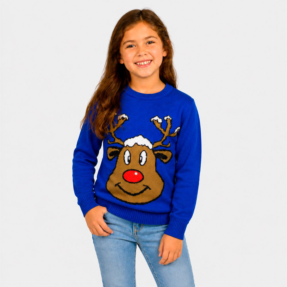 Jersey de Navidad Familia Reno Sonriente Azul Niña