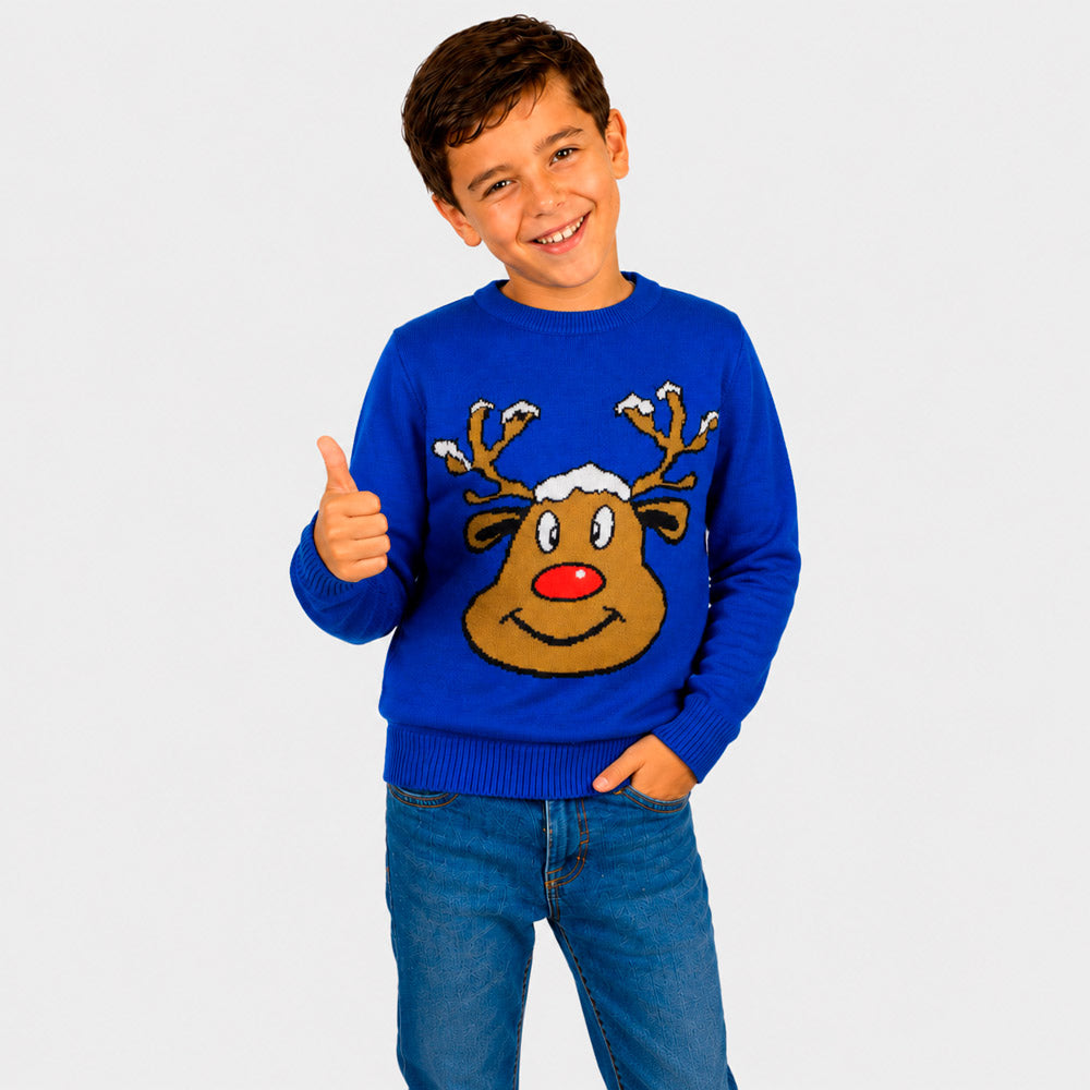 Jersey de Navidad Familia Reno Sonriente Azul Niño