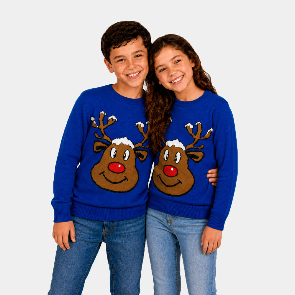 Jersey de Navidad Familia Reno Sonriente Azul Niños