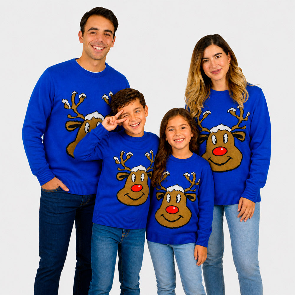 Jersey de Navidad Familia Reno Sonriente Azul
