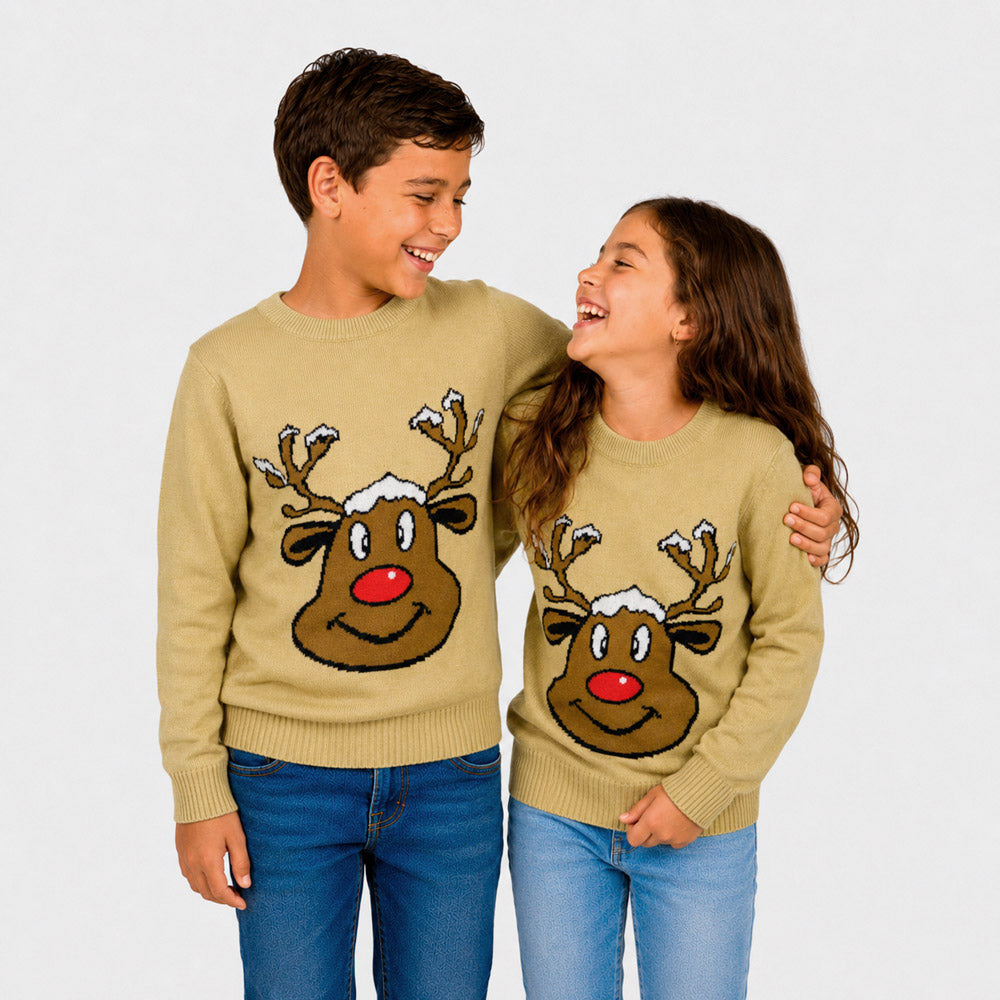 Jersey de Navidad Familia Reno Sonriente Beige Niños

