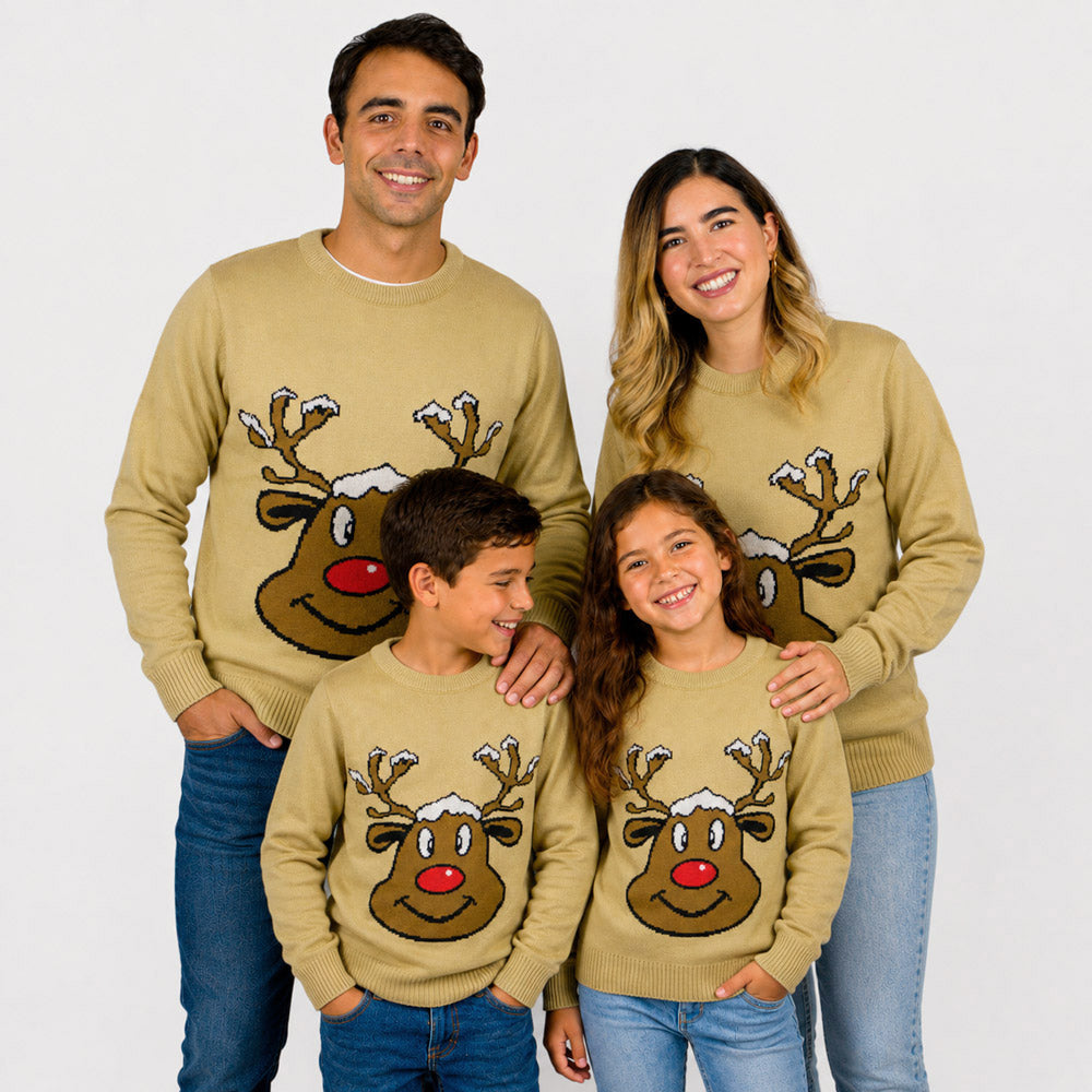 Jersey de Navidad Familia Reno Sonriente Beige

