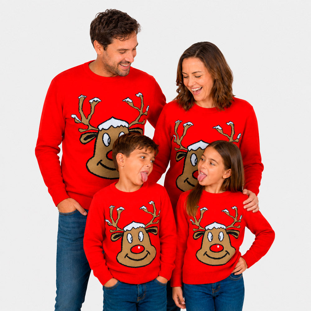 Jersey de Navidad Familia Reno Sonriente Rojo
