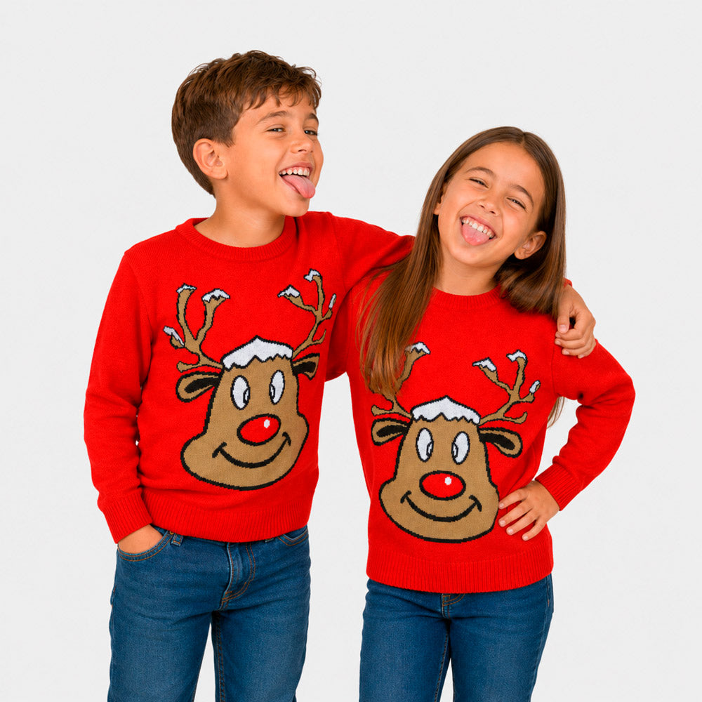 Jersey de Navidad Familia Reno Sonriente Rojo Niños
