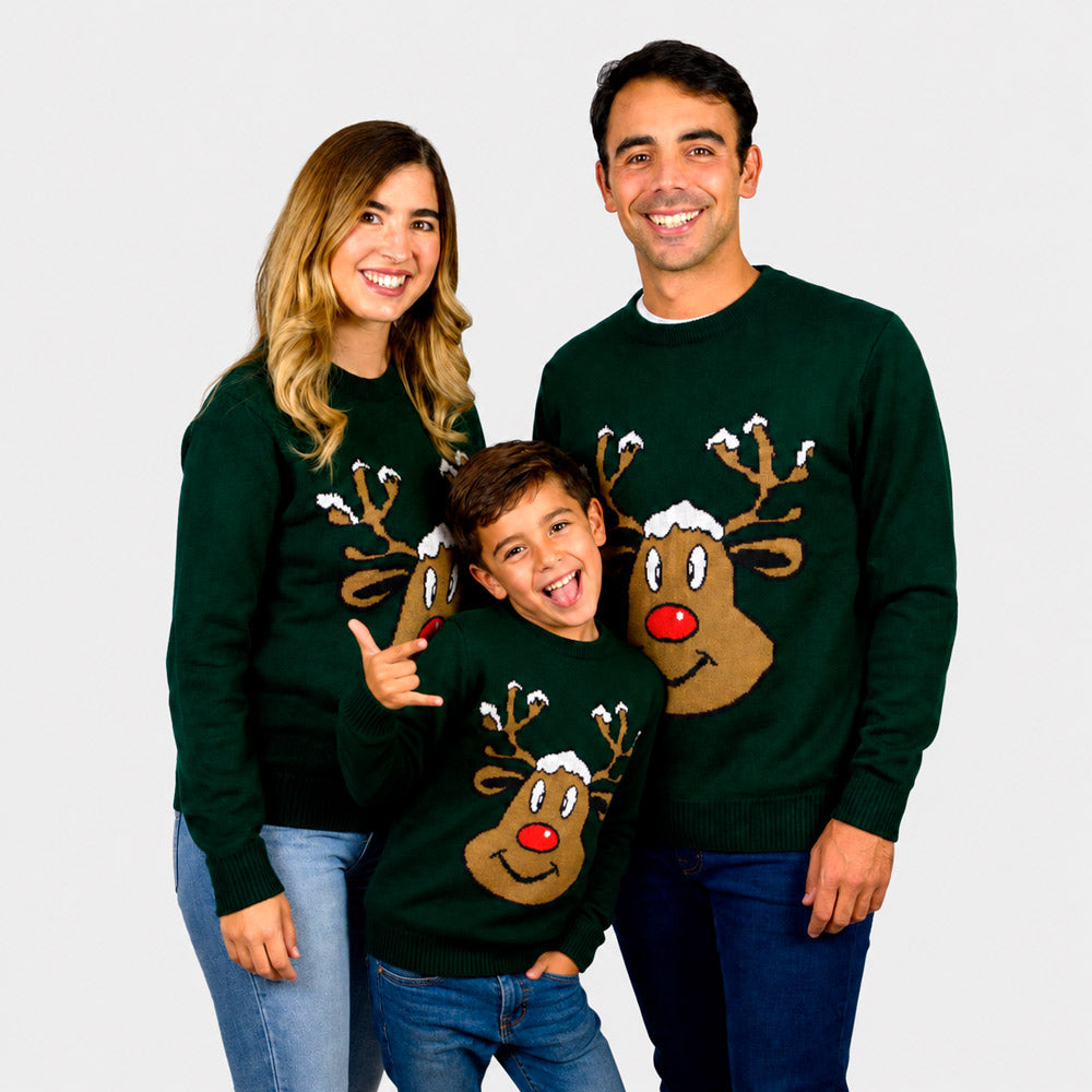 Jersey de Navidad Familia Reno Sonriente Verde
