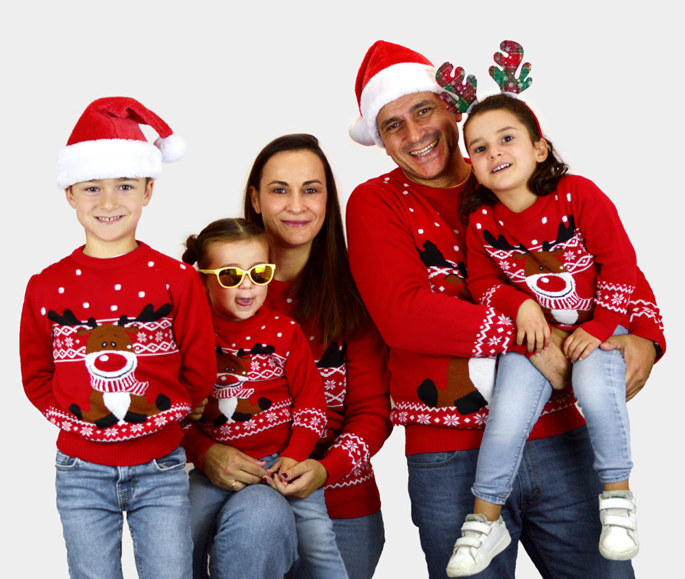 Jersey de Navidad para Familia Rojo Reno Rudolph Bufanda