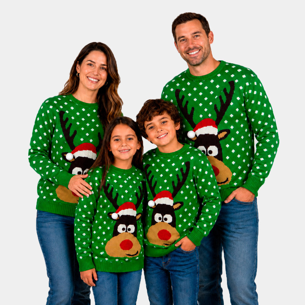 Jersey de Navidad para Familia Verde Reno con Gorro en 3D
