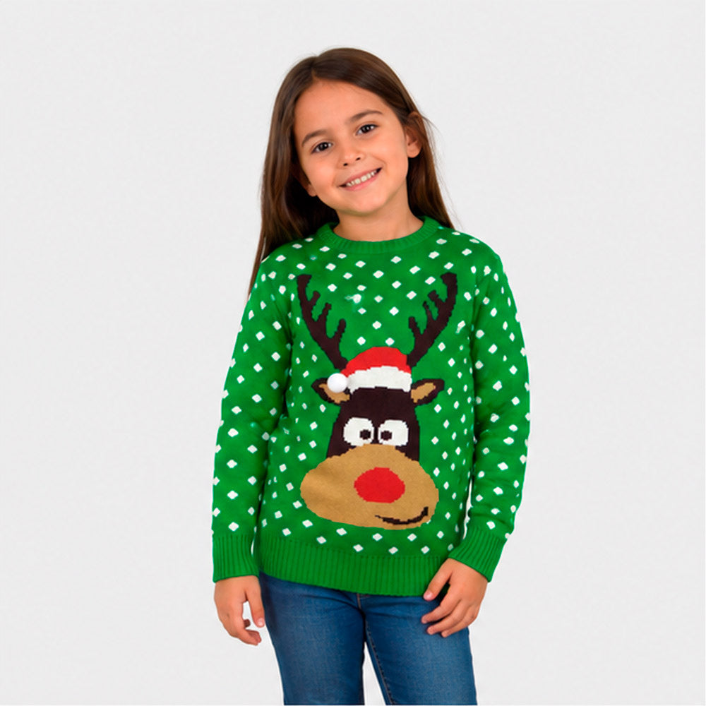 Jersey de Navidad para Familia Verde Reno con Gorro en 3D Niña
