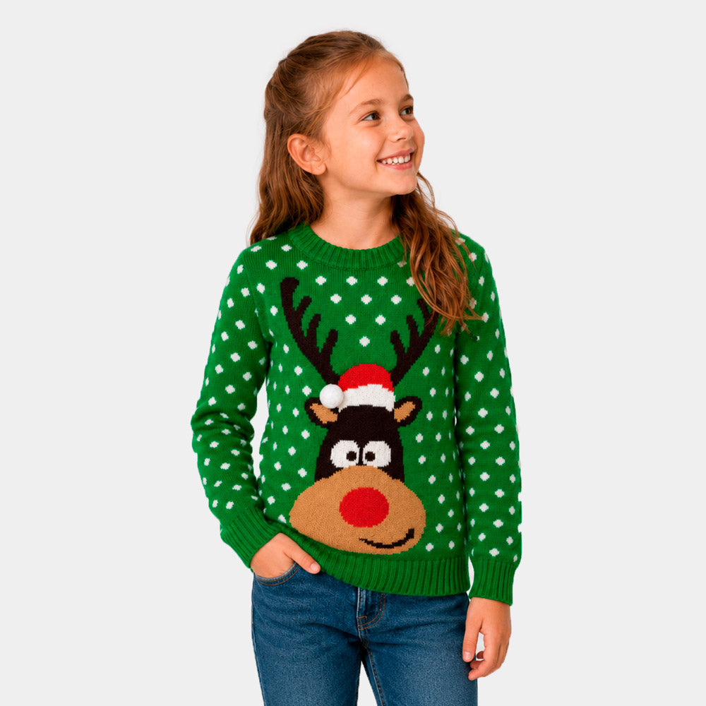 Jersey de Navidad para Familia Verde Reno con Gorro en 3D Niña
