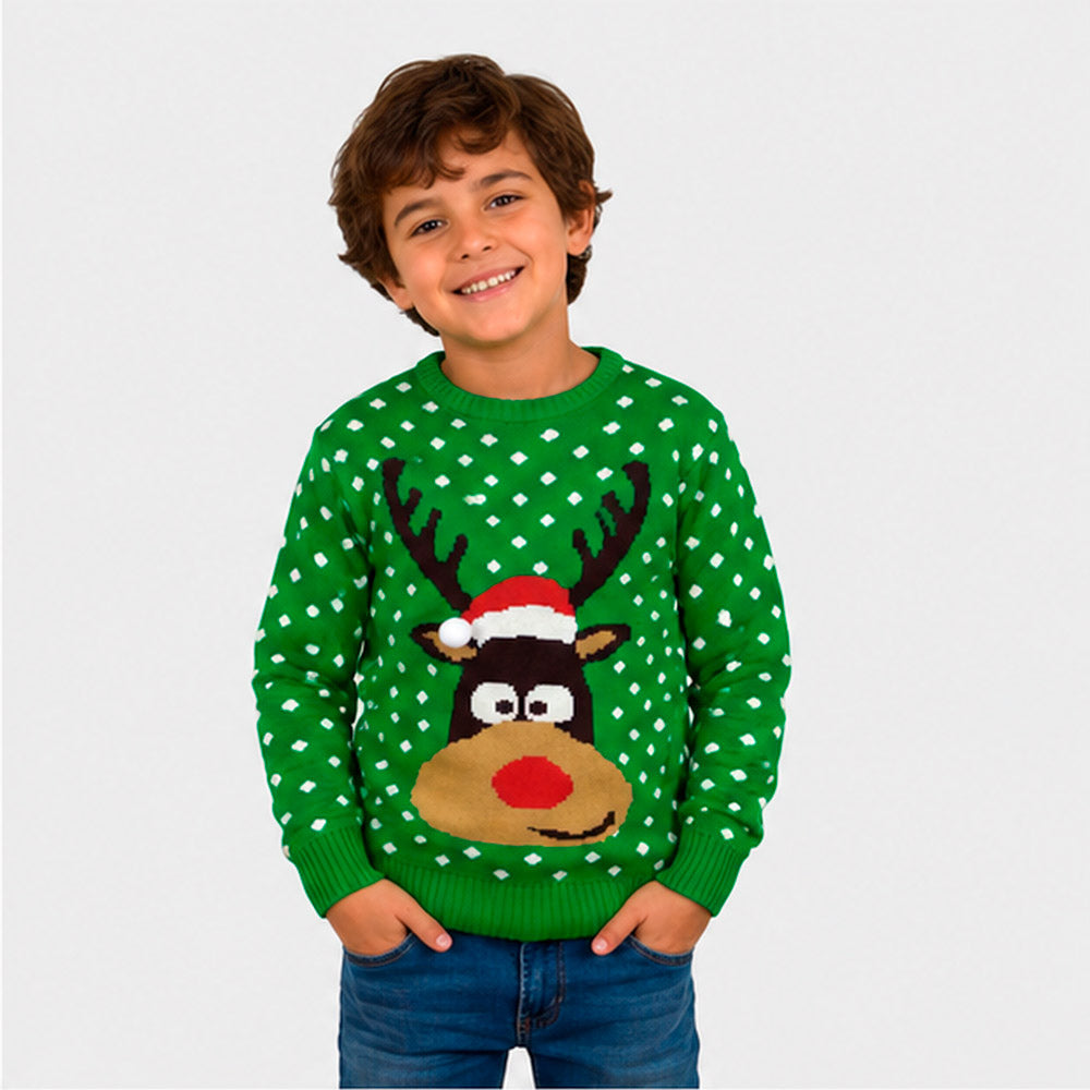 Jersey de Navidad para Familia Verde Reno con Gorro en 3D Niño
