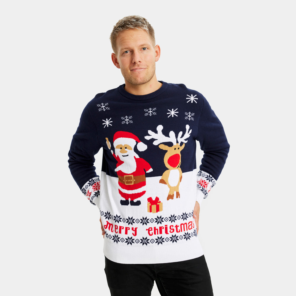 Jersey de Navidad Hombre Azul Papá Noel Reno Rudolph Algodón Orgánico
