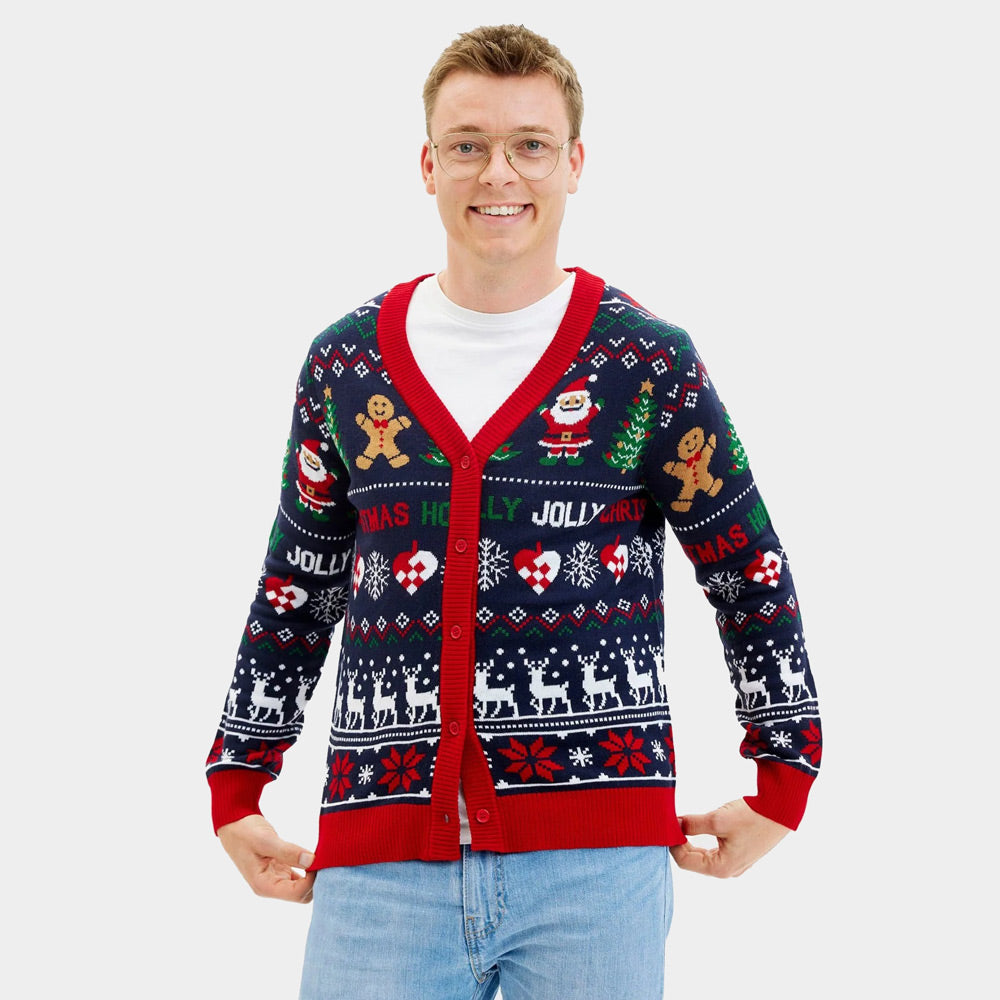 Jersey de Navidad para Hombre Cárdigan Azul y Rojo