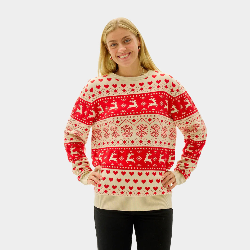 Jersey de Navidad Hombre Corazones Rojos Beige Algodón Orgánico Mujer
