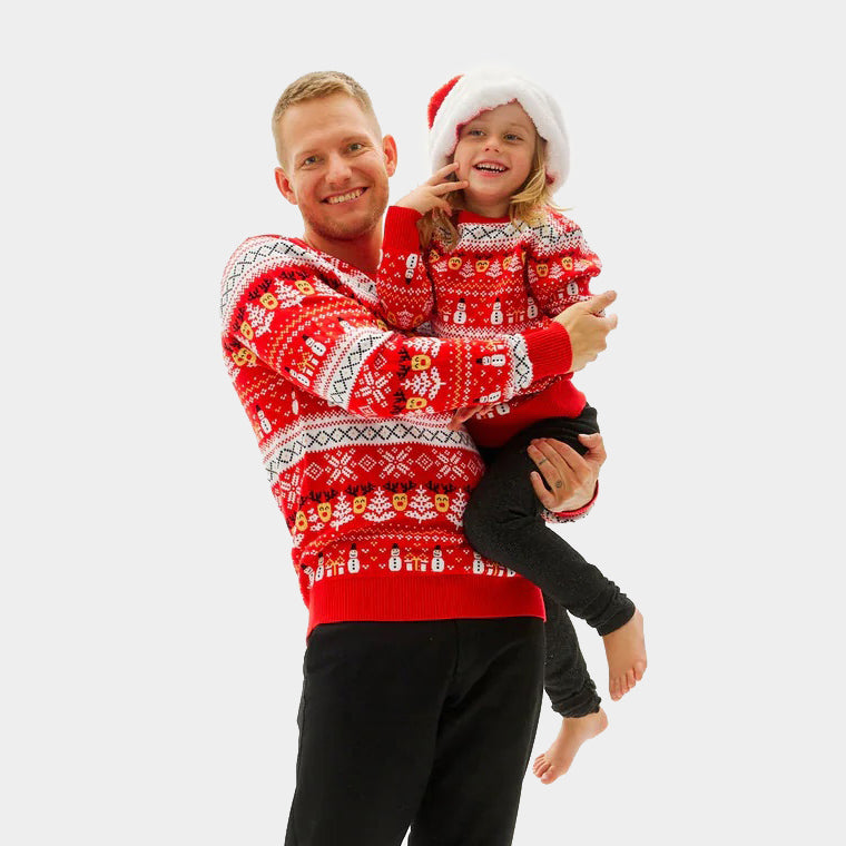 Jersey de Navidad Hombre Familia Rojo Muñecos Nieve Cenefas Algodón Orgánico
