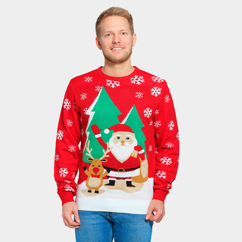 Hombre Jersey de Navidad para Familia Rojo con Santa Claus y Reno Saludando