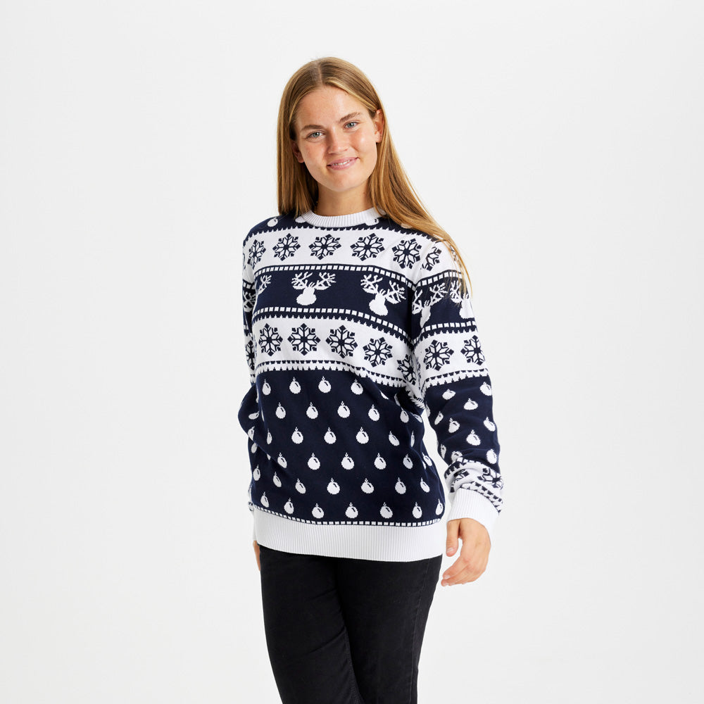 Jersey de Navidad Hombre Mujer Renos y Nieve Azul
