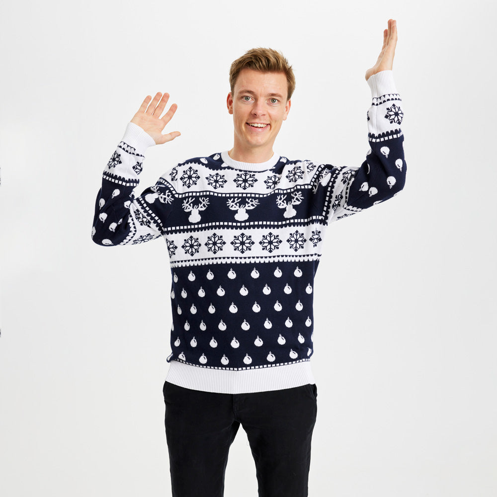 Jersey de Navidad Parejas Hombre Renos y Nieve Azul
