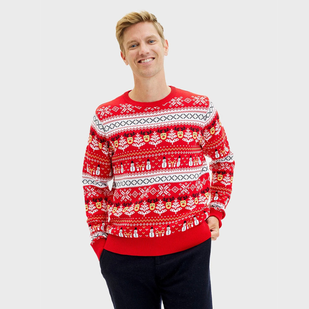 Jersey de Navidad Hombre Rojo Muñecos Nieve Cenefas Algodón Orgánico
