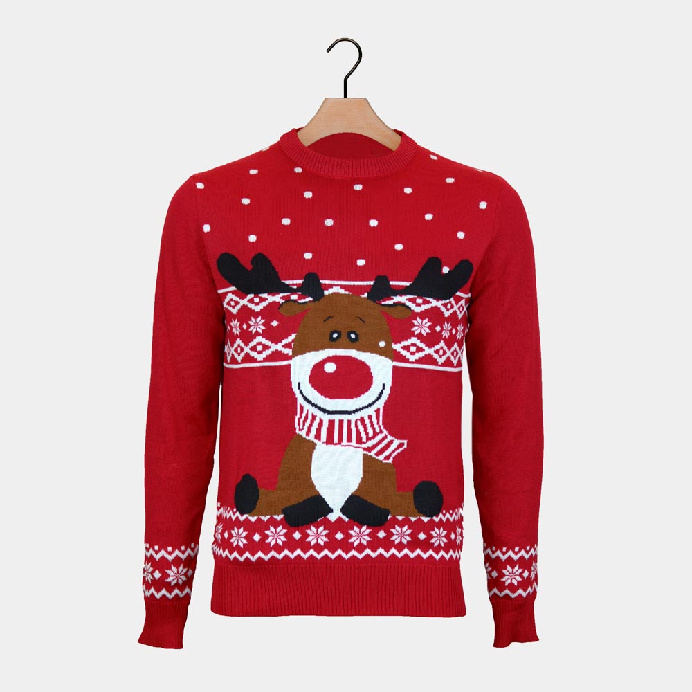 Jersey de Navidad para Hombre Rojo Reno Rudolph Bufanda