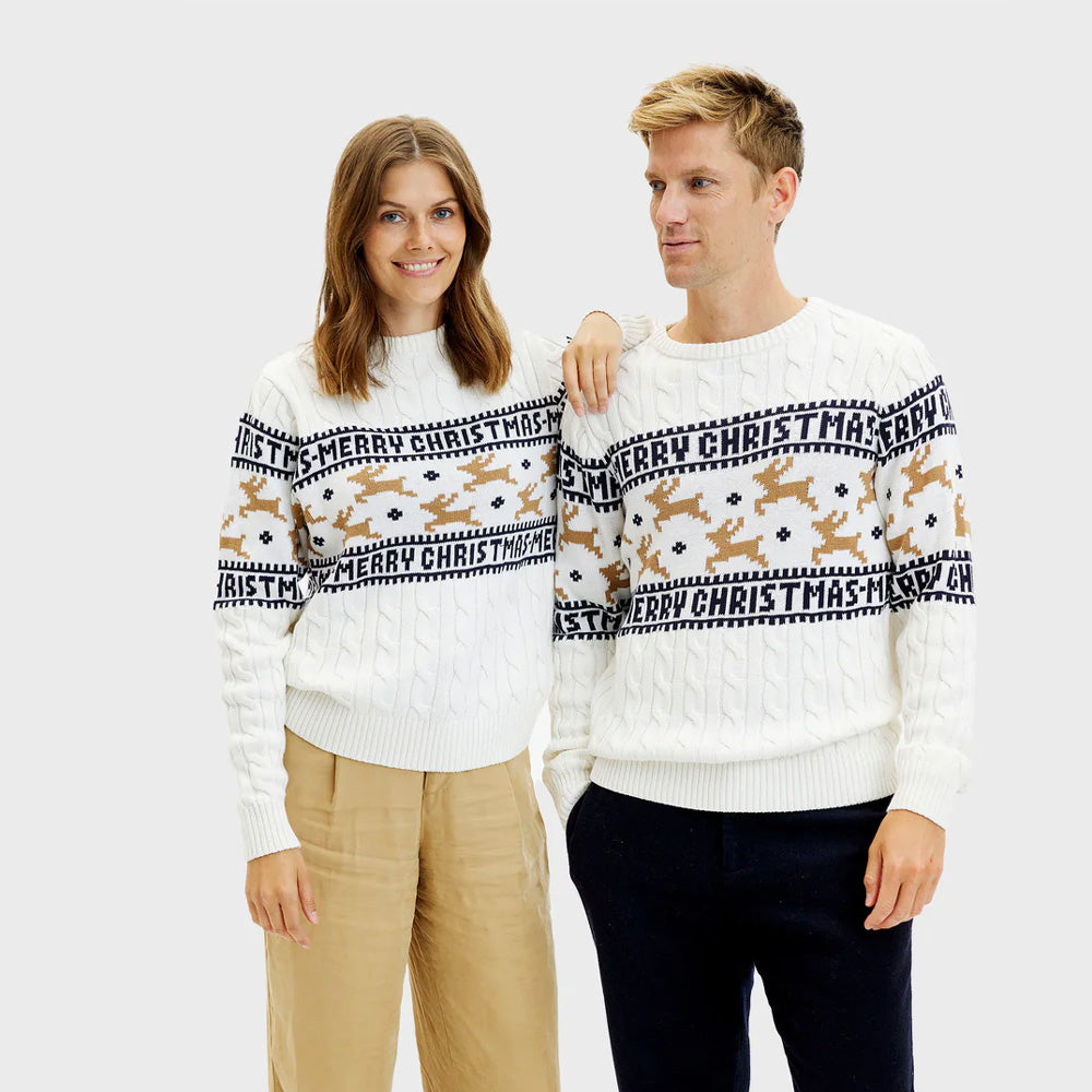 Jersey de Navidad Hombre y Mujer Elegante Blanco Renos Algodón Orgánico
