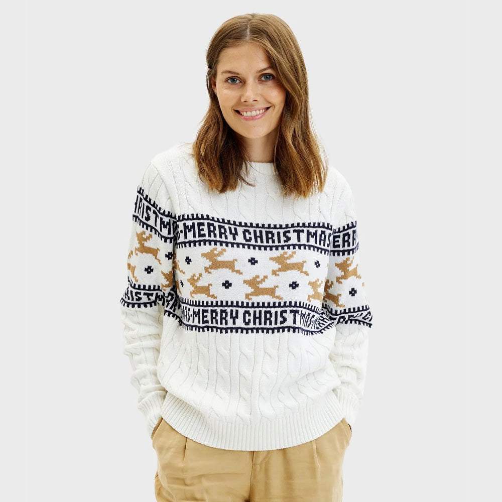 Jersey de Navidad Mujer Elegante Blanco Renos Algodón Orgánico
