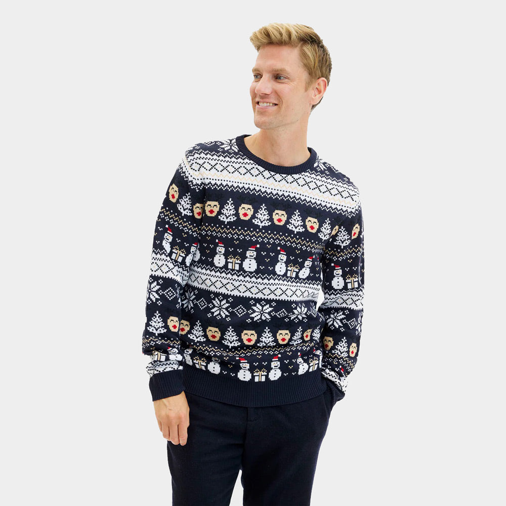 Jersey de Navidad Hombre y Mujer Azul Muñecos de Nieve y Cenefas
