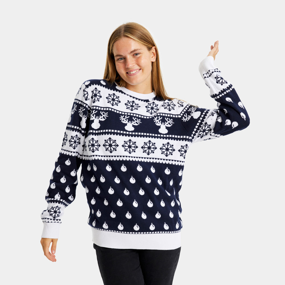 Jersey de Navidad Mujer Hombre con Renos y Nieve Azul
