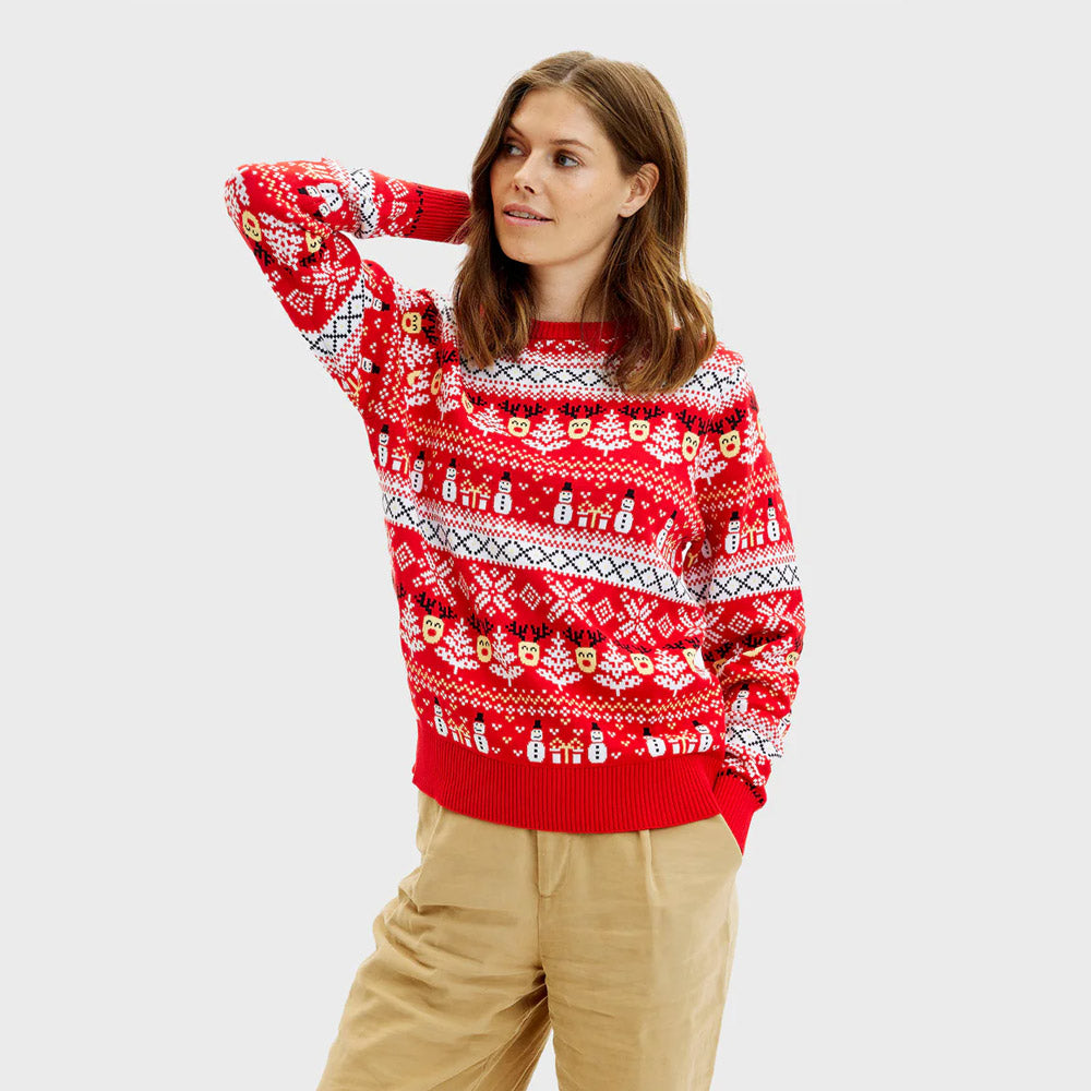 Jersey de Navidad Mujer Rojo Muñecos Nieve Cenefas Algodón Orgánico
