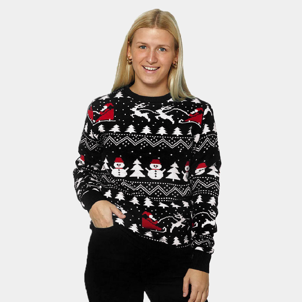 Jersey de Navidad Mujer Negro Árboles, Muñecos y Papá Noel